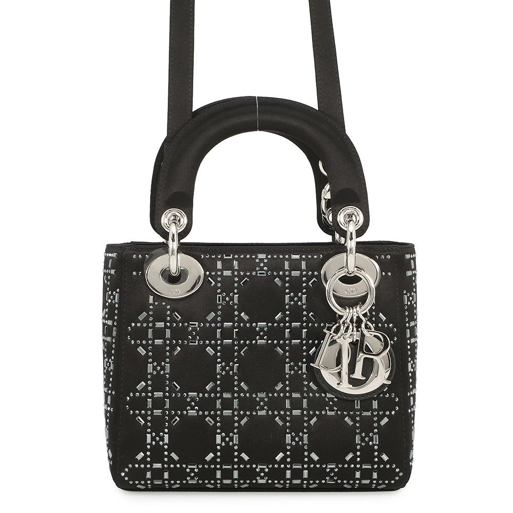 Christian Dior Lady Cannage Bijou Satin Handbag Black Bag